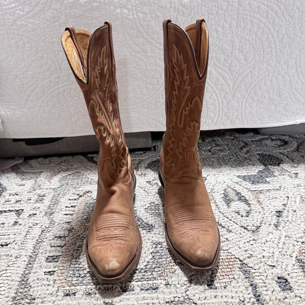 OLD WEST WOMENS COWBOY BOOTS 8.5 BROWN ANTIQUE LEATHER SNIP TOE FANCY STITCHING - Picture 3 of 7